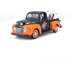 image:image1948 Ford F1 Pickup Truck with 1958 Harley Davidson FLH Duo Glide Motorcycle Orange and Black 124 Diecast Models by Maisto